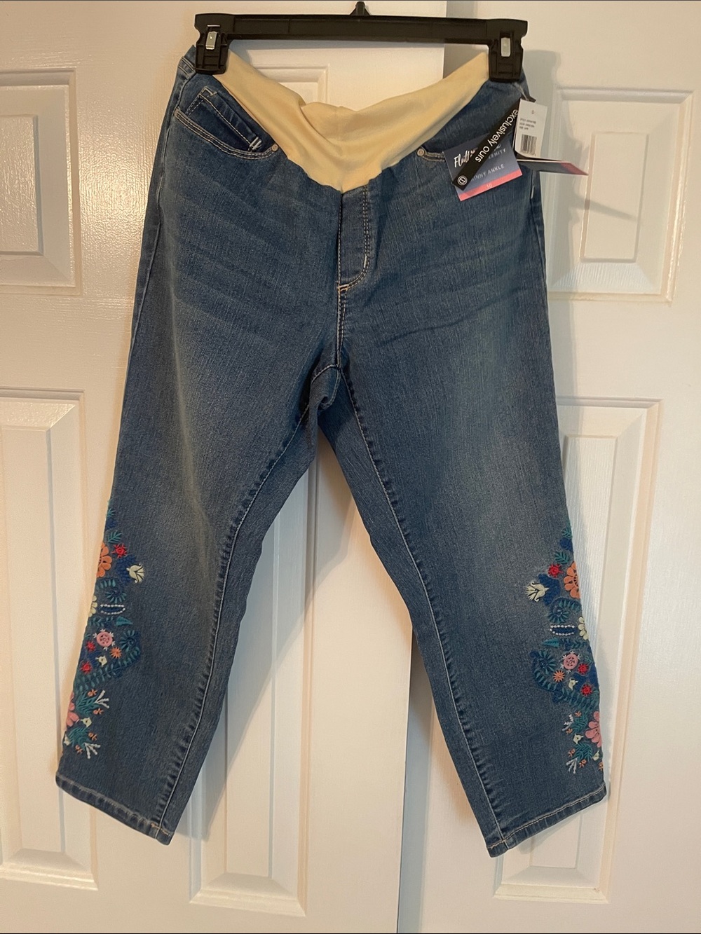 Maternity Embroidered Crop Jeans in Denim Blue - Unbranded